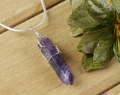 AMETHYST Healing Crystal Point Pendant - Bridesmaid Gift, Raw Stone Jewelry, Wire Wrapped Pendant, Wedding Gift E0141