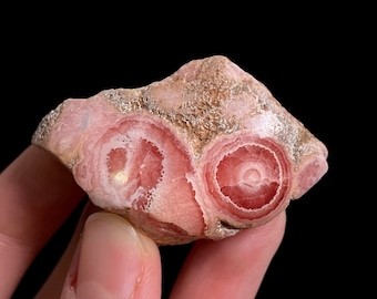 May include: A pink and white banded, polished, natural mineral specimen with a rough exterior. The mineral has a circular pattern.