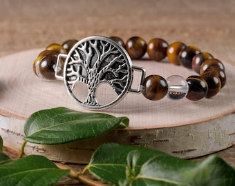TIGERS EYE and Quartz Crystal Bracelet  :  8mm Round Beads, Tree of Life Charm, E0614