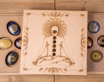 CHAKRA Crystals in Crystal Grid Board Wooden Box - Buddha Yoga - Healing Crystals Set, Self Care Box, Beginner Crystal Kit, E1754