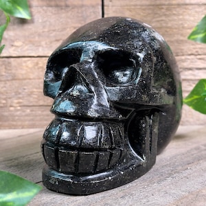 COPPERNITE Indian NUUMMITE Crystal Skull - Large - Gothic Home Decor, Memento Mori, Halloween Decor, 53129