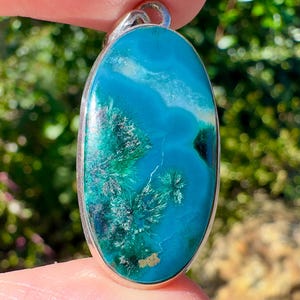 CHRYSOCOLLA Crystal Pendant - Gem Silica, Blue Chalcedony, Sterling Silver, Oval - Fine Jewelry, Healing Crystals and Stones, 54181