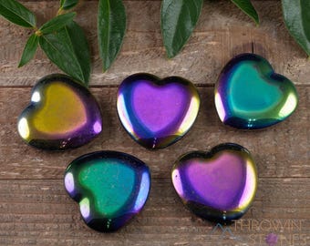 Rainbow HEMATITE Crystal Heart  :  Purple, Blue Carved Stone Home Decor, E0539