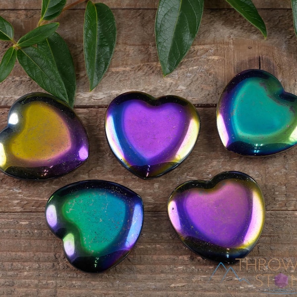 Rainbow HEMATITE Crystal Heart  :  Purple, Blue Carved Stone Home Decor, E0539