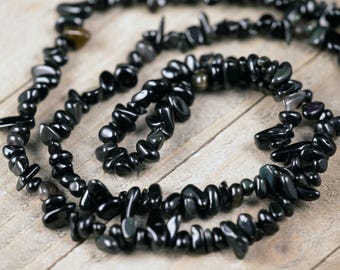 OBSIDIAN Crystal Necklace - Chip Beads - Long Crystal Necklace, Beaded Necklace, Handmade Jewelry,  E1785