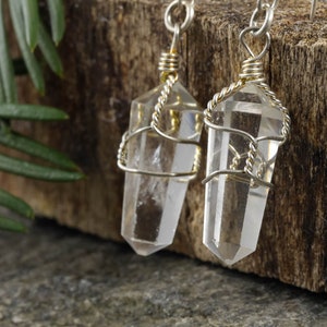 CLEAR QUARTZ Crystal Earrings - Wire Wrapped Jewelry, Crystal Points, Dangle Earrings, E0200