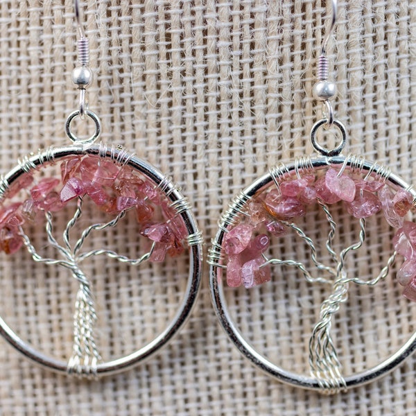 Tree of Life Earrings, Pink TOURMALINE Crystal Statement Earrings - Dangle Earrings, Handmade Jewelry, E2093