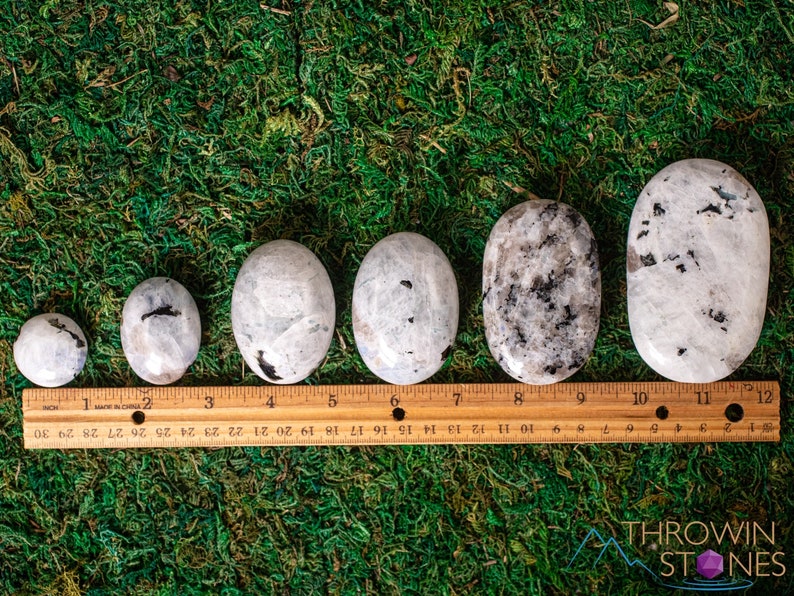These Moonstone crystal carved polished palm stones range in a variety of handheld sizes.  Rainbow moonstone is white with black flecks and rainbow flashes.
Crystals are nature-made therefore each one is unique in appearance.