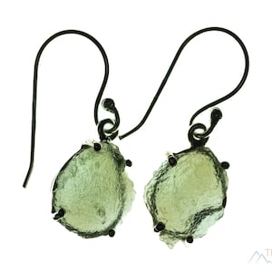 Raw MOLDAVITE Earrings - Sterling Silver, Prong - Moldavite Crystal, Dangle Earrings, Genuine Moldavite Jewelry, E2166