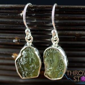 Raw MOLDAVITE Earrings - Sterling Silver, Plain Bezel - Moldavite Crystal, Dangle Earrings, Genuine Moldavite Jewelry, E2162