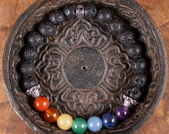 Armband CHAKRA-kristal en lavasteen: aromatherapieverspreider, ronde kralen van 8 mm, handgemaakte sieraden, E0459