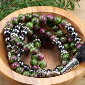 RUBY ZOISITE & HEMATITE Crystal Necklace, Mala - Beaded Necklace, Handmade Jewelry, Healing Crystals and Stones,  E1355