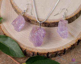 Raw AMETHYST Crystal Necklace Earrings Set - Dangle Earrings with Pendant Necklace, Birthstone Gemstone Jewelry, Gift for Her,  E1157