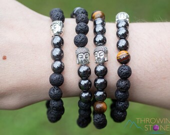 Raw LAVA Rock HEMATITE Crystal Bracelet, Buddha Charm, Round Beads - Aromatherapy Diffuser Bracelet, Beaded Bracelet, Handmade Jewelry E2039