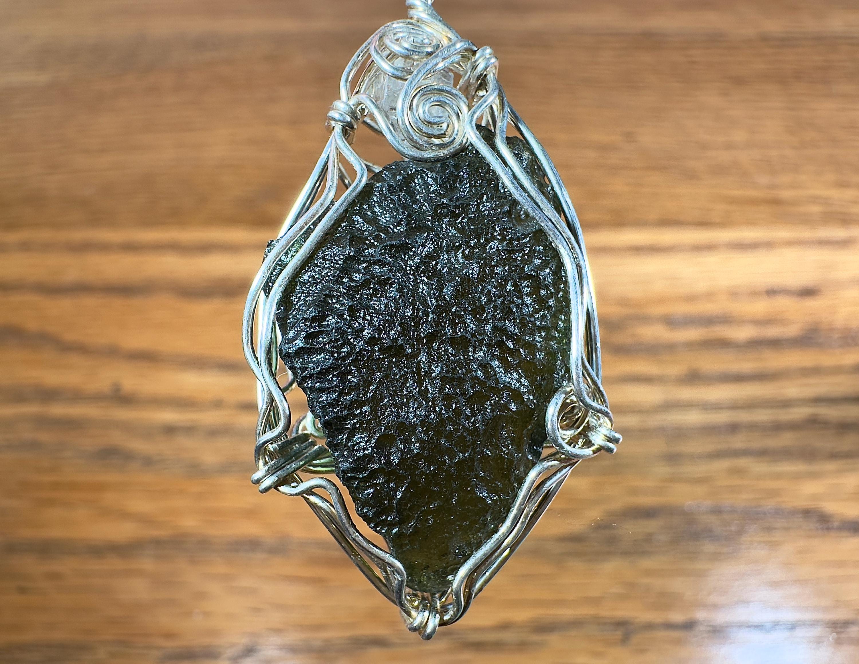 Raw MOLDAVITE Pendant with Herkimer Diamond - Sterling Silver Wire Wrapped Pendant - Real Moldavite Jewelry with Certification, 54904