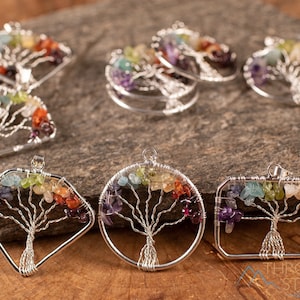 Tree of Life Pendant, CHAKRA Crystal Pendant - Diamond, Circle, Rectangle - Tree of Life Chakra Necklace, Wire Wrapped Jewelry, E1999
