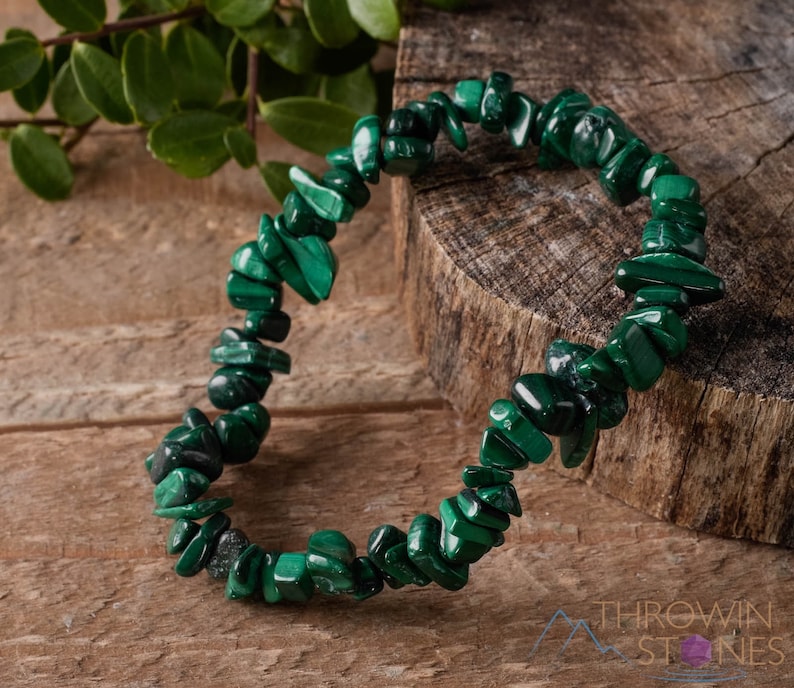 Handcrafted Malachite chip bracelet. These green, tumbled chips, are drilled, and strung on an elastic cord, to create an endless bracelet. Each crystal bracelet is unique in shape, and color, and has a wrist circumference of approximately 6 inches.