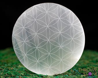 SELENITE Charging Plate  :  White Engraved Flower of Life Disc, Decorative Crystal Tray,  E1902