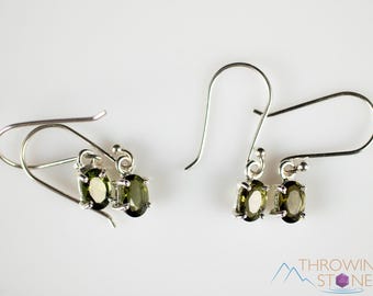 Faceted MOLDAVITE Sterling Silver Earrings :  Prong Set Genuine Tektite Crystal Jewelry Czech Republic, E2065