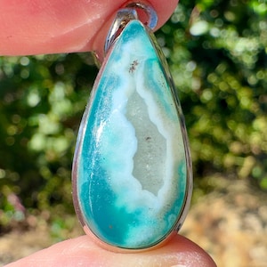 CHRYSOCOLLA Crystal Pendant - Gem Silica, Blue Chalcedony, Sterling Silver, Teardrop - Fine Jewelry, Healing Crystals and Stones, 54191