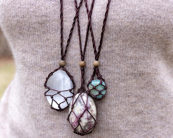 Crystal Holder Necklace - Macrame Necklace, Interchangeable, Woven Necklace, Crystal Cage Necklace, E2058