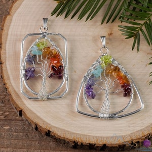 Tree of Life Pendant, CHAKRA Crystal Pendant - Teardrop - Tree of Life Chakra Necklace, Wire Wrapped Jewelry,  E1387