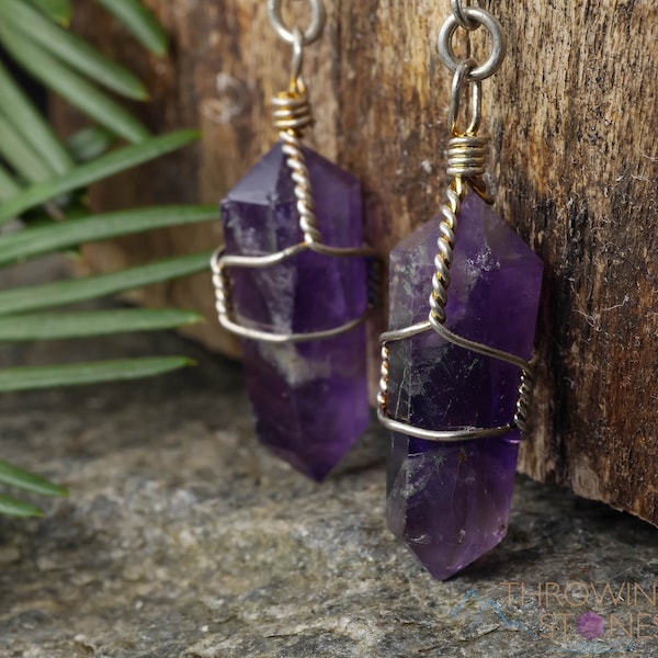 Pendientes de cristal de amatista - Joyería de alambre envuelto, puntas de cristal, pendientes colgantes, pendientes de piedra de nacimiento, E0201