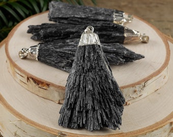 Raw BLACK KYANITE Fan Crystal Pendant - Raw Crystal Necklace, Handmade Jewelry, Healing Crystals and Stones, E1438