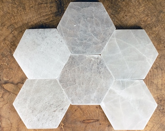 SELENITE Crystal Tray  :  White Hexagon Honeycomb Charging Plate, Jewelry Dish, Satin Spar Gift, E1129