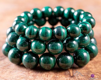 Dark Green MALACHITE Crystal Bracelet - Round Beads - Beaded Bracelet, Handmade Jewelry, Healing Crystal Bracelet, E1037