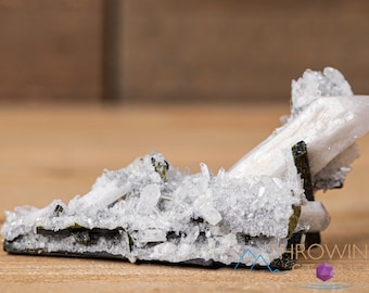 May include: A cluster of white quartz crystals with a green mineral base. The quartz crystals are sharp and pointed, and the base is rough and textured.