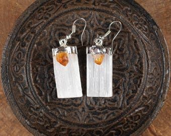 CITRINE And SELENITE Crystal Earrings  :  Silver Electroplated Raw Stone Dangle Handmade Birthstone Jewelry, E1979