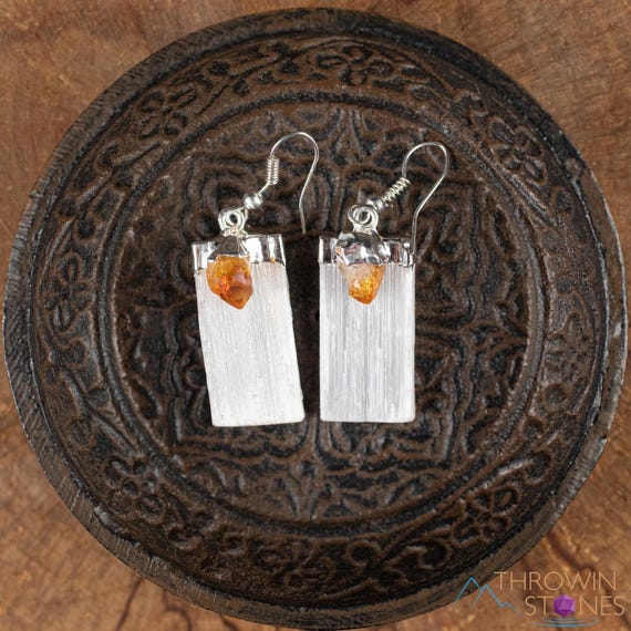 CITRINE And SELENITE Crystal Earrings  :  Silver Electroplated Raw Stone Dangle Handmade Birthstone Jewelry, E1979
