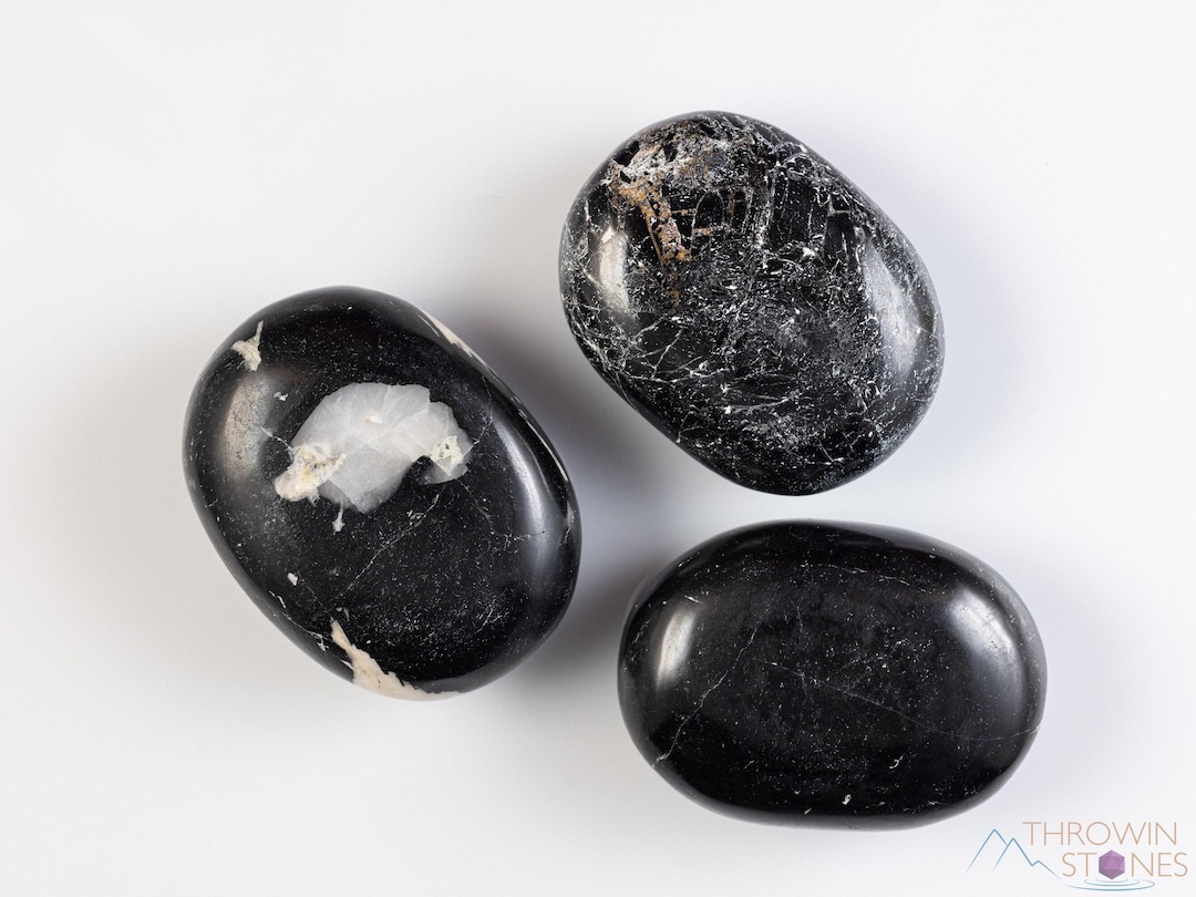 BLACK TOURMALINE and White Feldspar Palm Stone - Polished Oval