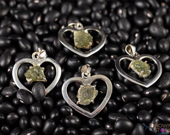 Raw MOLDAVITE Pendant - Sterling Silver, Heart Charm - Real Moldavite Pendant, Moldavite Jewelry with Certification, E2176