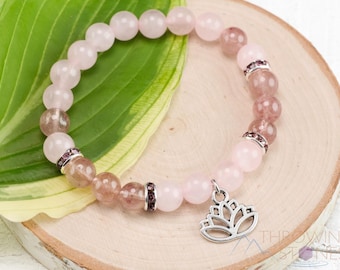 Strawberry And Rose QUARTZ Crystal Bracelet  :  8mm Bead Lotus Flower Charm Handmade Jewelry, E0971