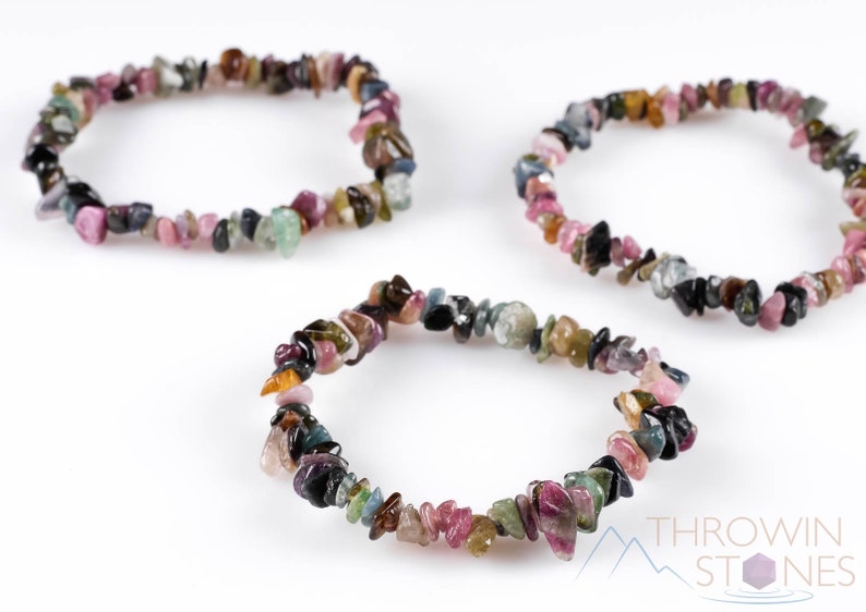 Handcrafted Tourmaline chip bracelet. These rainbow colored tumbled stones are drilled and strung on an elastic cord, to create an endless bracelet. Each crystal bracelet is unique in color, and has a wrist circumference of approximately 6 inches.