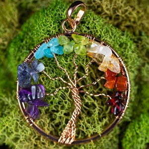 Tree of Life Pendant, CHAKRA Crystal Pendant - Copper Circle - Tree of Life Chakra Necklace, Wire Wrapped Jewelry, E2067