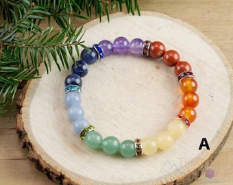 CHAKRA 8 mm ronde kraal regenboogkristalarmband: kleurrijke elastische stenen sieraden, gemengde edelstenen, E1354