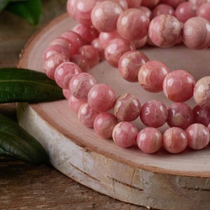 RHODOCHROSITE Crystal Bracelet - Patterned Round Beads - Beaded Bracelet, Handmade Jewelry, Healing Crystal Bracelet, E0640