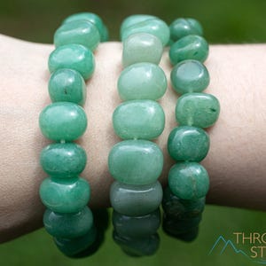 These pale Green Aventurine crystal bracelets have tumbled beads strung on elastic for an endless bracelet.  
Crystals are nature-made therefore each one is unique in appearance.