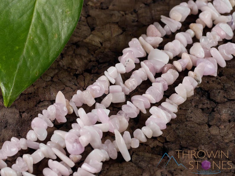These pale pink Kunzite crystal necklaces have crystal chip beads strung on beading cord for an endless necklace. 
Crystals are nature-made therefore each one is unique in appearance.