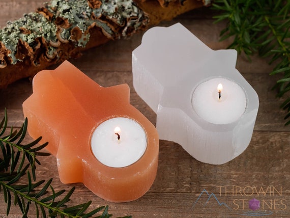 Selenite Hamsa Hand Candle Holder 4 Crystal Votive Etsy