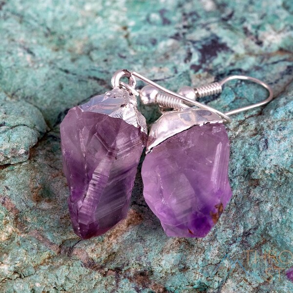 Raw AMETHYST Crystal Earrings - Silver - Raw Gemstone Earrings, Dangle Earrings, Birthstone Earrings, Handmade Jewelry, E0139