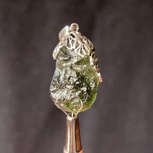 Raw MOLDAVITE Pendant - Sterling Silver, Leaf Bail - Real Moldavite Pendant, Moldavite Jewelry with Certification, 44541