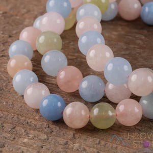 AQUAMARINE And MORGANITE Crystal Bracelet  :  8-14mm Round Beads, Handmade Pink Blue Gemstone Jewelry, E0573
