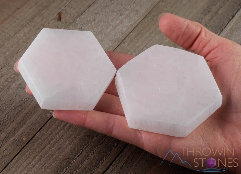 These are white Selenite crystal carved polished hexagon plates.
Crystals are nature-made therefore each one is unique in appearance.