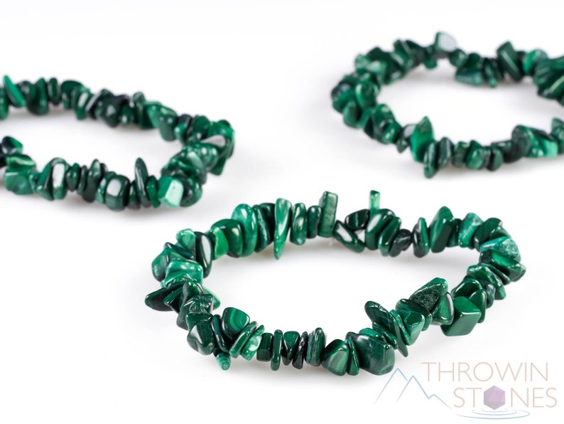 Handcrafted Malachite chip bracelet. These green, tumbled chips, are drilled, and strung on an elastic cord, to create an endless bracelet. Each crystal bracelet is unique in shape, and color, and has a wrist circumference of approximately 6 inches.