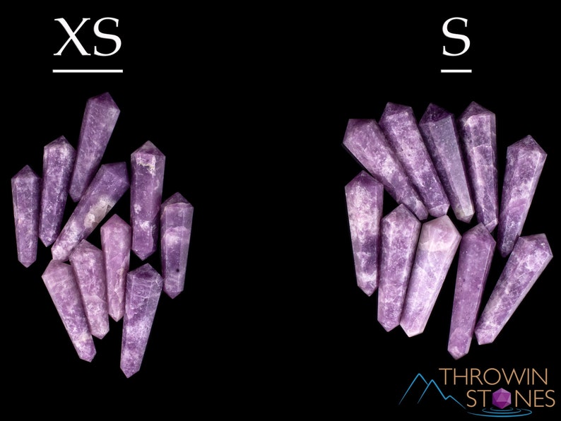 These Lepidolite crystal carved polished double terminated points range in a variety of handheld sizes.  Lepidolite  is mottled light to dark pinkish purple with white splotches.
Crystals are nature-made therefore each one is unique in appearance.