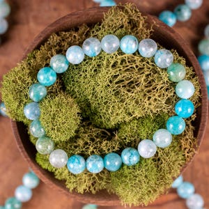 HEMIMORPHITE Crystal Bracelet  :  8mm Round Turquoise and White Beads, Healing Stone Jewelry Gift, E2056